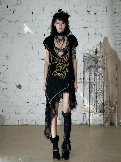 NO ROMANCE Punk Print Irregular Scoop Neck Loose Women&