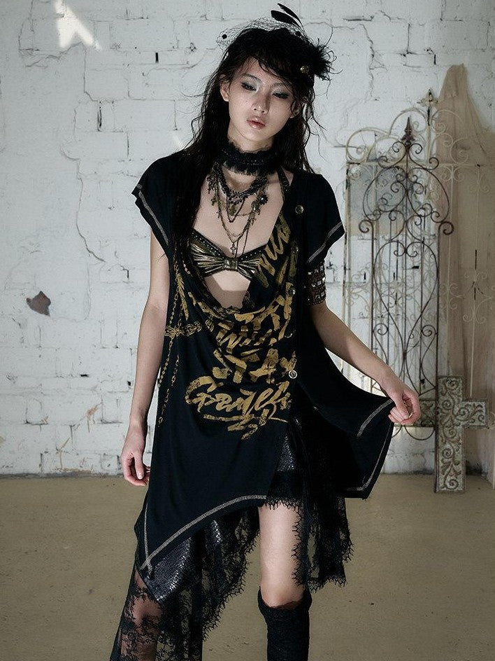 NO ROMANCE Punk Print Irregular Scoop Neck Loose Women&