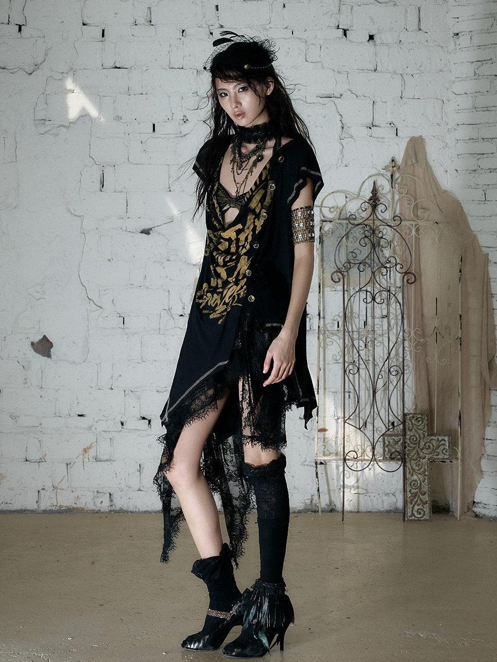 NO ROMANCE Punk Print Irregular Scoop Neck Loose Women&