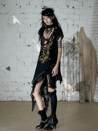 NO ROMANCE Punk Print Irregular Scoop Neck Loose Women&