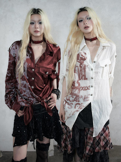 NO ROMANCE Punk Print Patchwork Long Sleeve Lyocell Women&