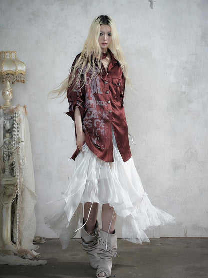 NO ROMANCE Punk Print Patchwork Long Sleeve Lyocell Women&