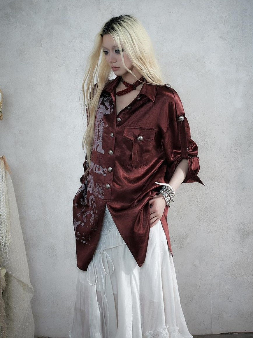 NO ROMANCE Punk Print Patchwork Long Sleeve Lyocell Women&