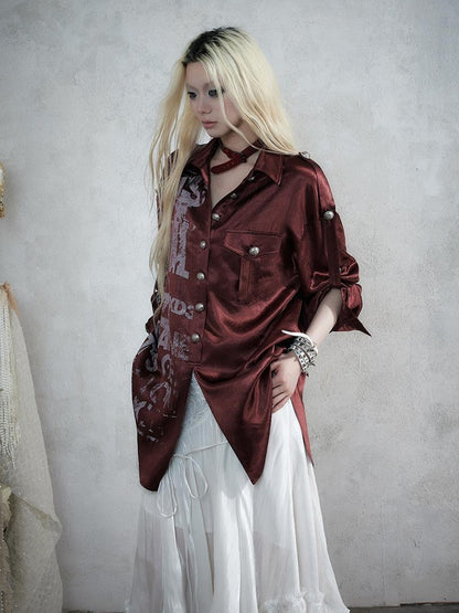 NO ROMANCE Punk Print Patchwork Long Sleeve Lyocell Women&