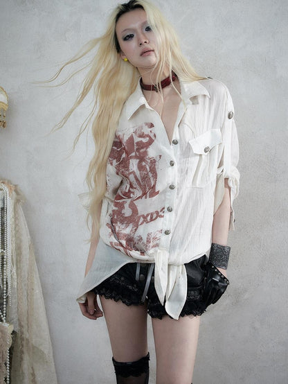 NO ROMANCE Punk Print Patchwork Long Sleeve Lyocell Women&