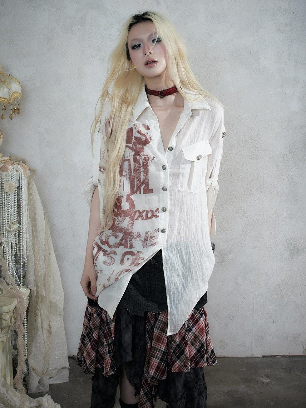 NO ROMANCE Punk Print Patchwork Long Sleeve Lyocell Women&