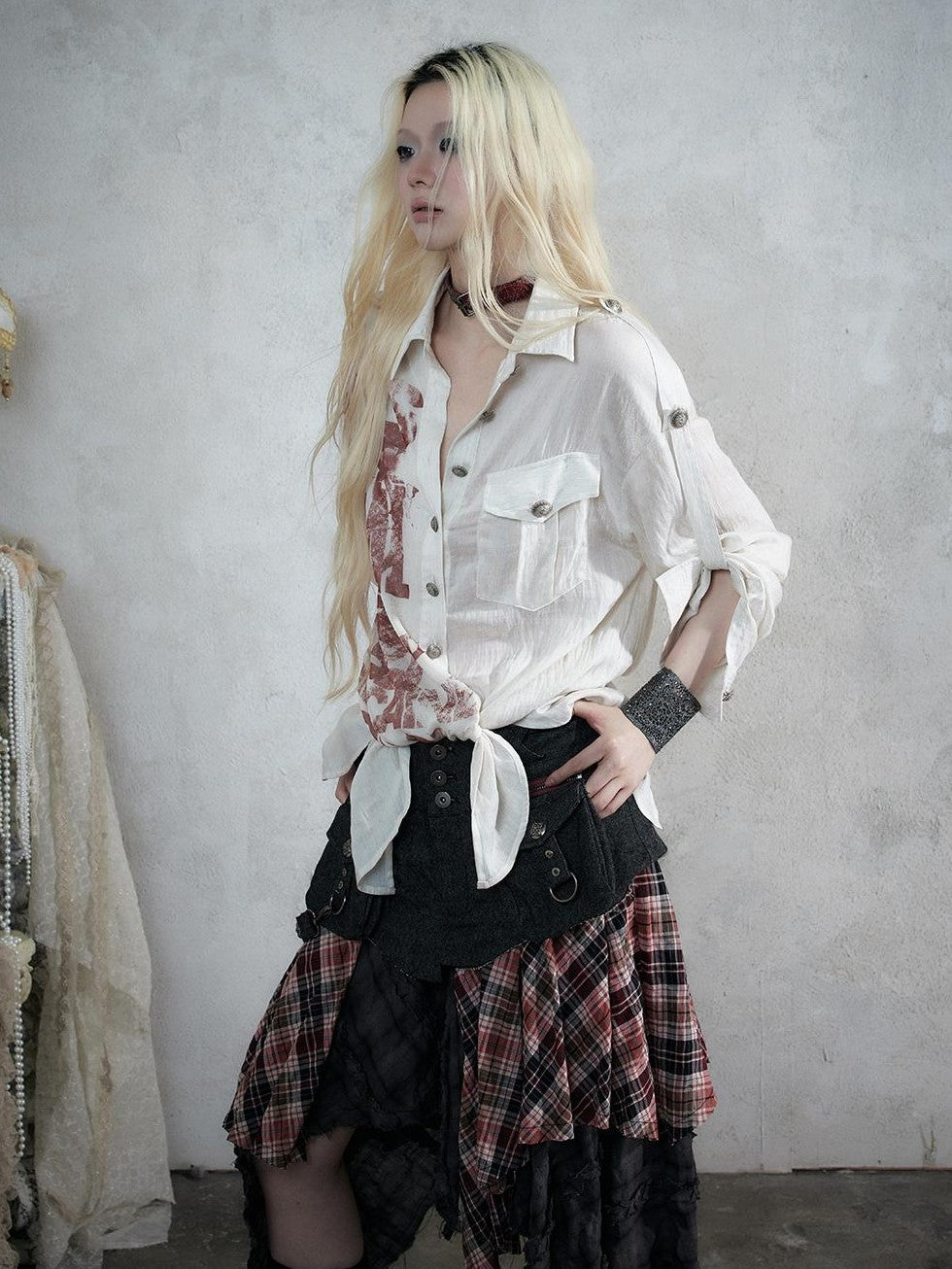 NO ROMANCE Punk Print Patchwork Long Sleeve Lyocell Women&