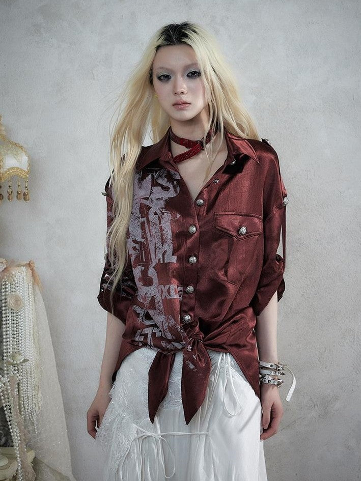 NO ROMANCE Punk Print Patchwork Long Sleeve Lyocell Women&