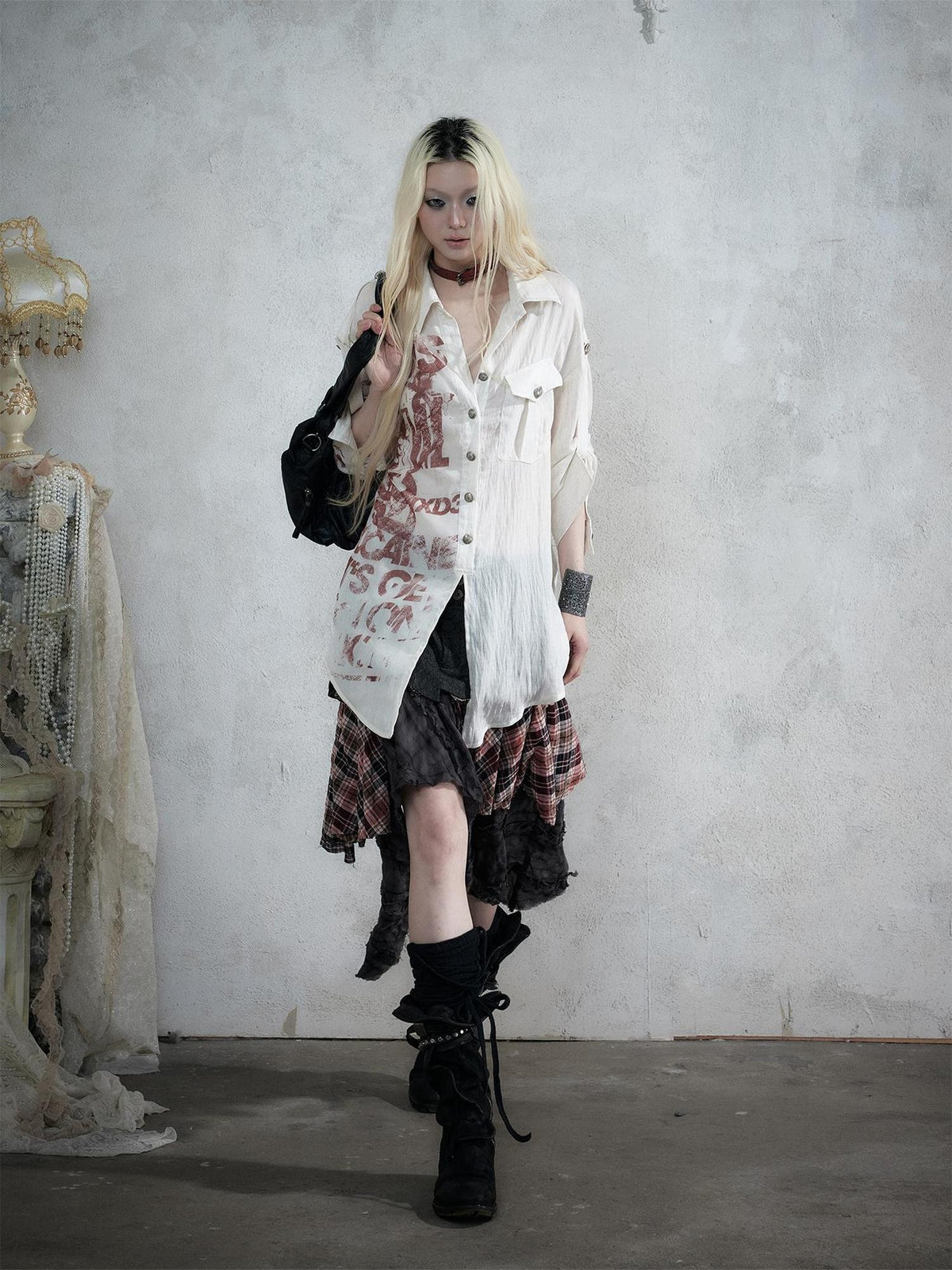 NO ROMANCE Punk Print Patchwork Long Sleeve Lyocell Women&