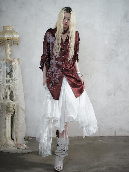 NO ROMANCE Punk Print Patchwork Long Sleeve Lyocell Women&