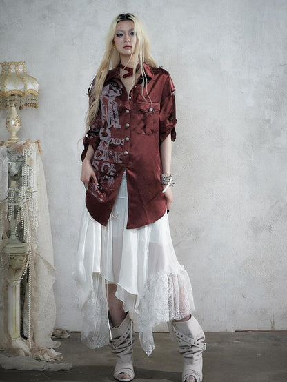 NO ROMANCE Punk Print Patchwork Long Sleeve Lyocell Women&