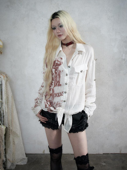 NO ROMANCE Punk Print Patchwork Long Sleeve Lyocell Women&