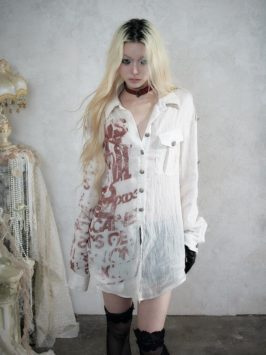 NO ROMANCE Punk Print Patchwork Long Sleeve Lyocell Women&
