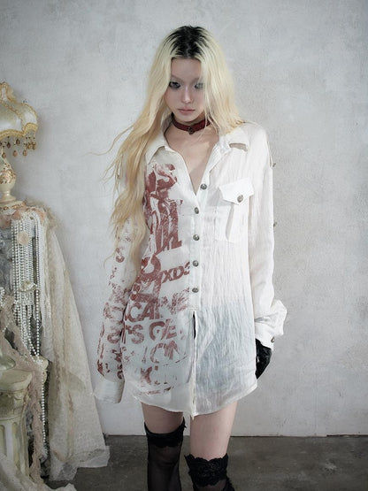 NO ROMANCE Punk Print Patchwork Long Sleeve Lyocell Women&