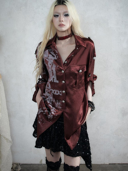 NO ROMANCE Punk Print Patchwork Long Sleeve Lyocell Women&