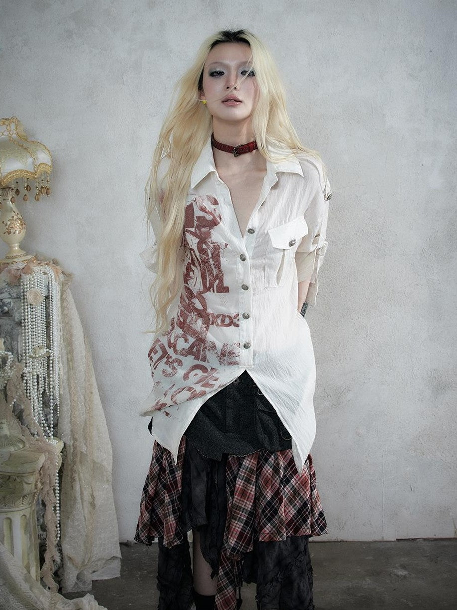 NO ROMANCE Punk Print Patchwork Long Sleeve Lyocell Women&