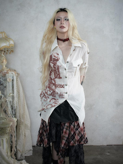NO ROMANCE Punk Print Patchwork Long Sleeve Lyocell Women&