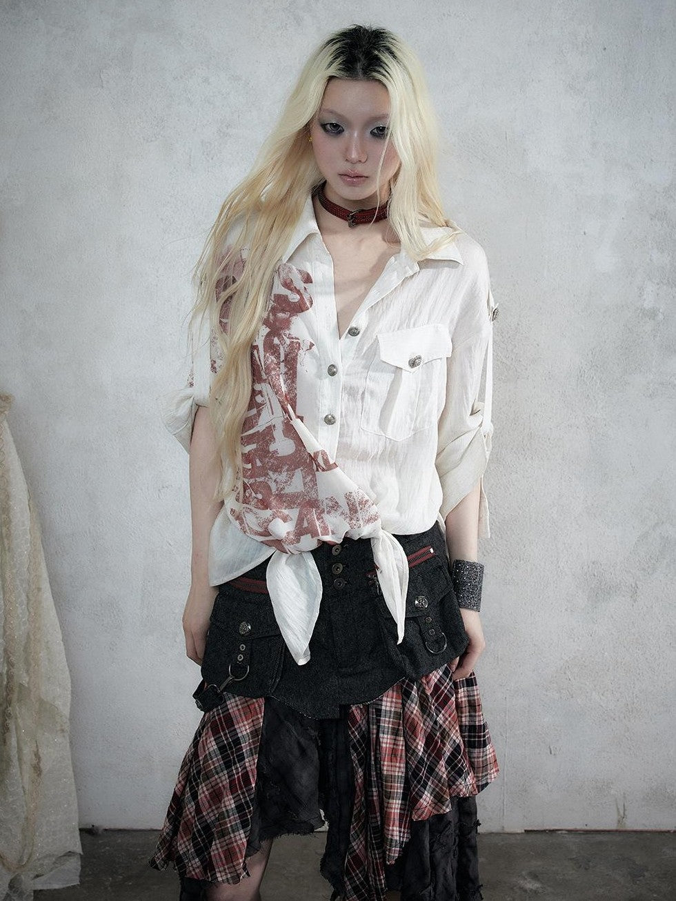 NO ROMANCE Punk Print Patchwork Long Sleeve Lyocell Women&