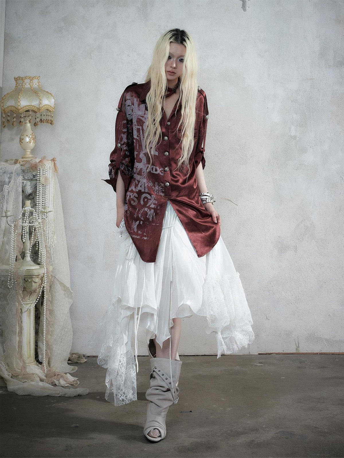 NO ROMANCE Punk Print Patchwork Long Sleeve Lyocell Women&