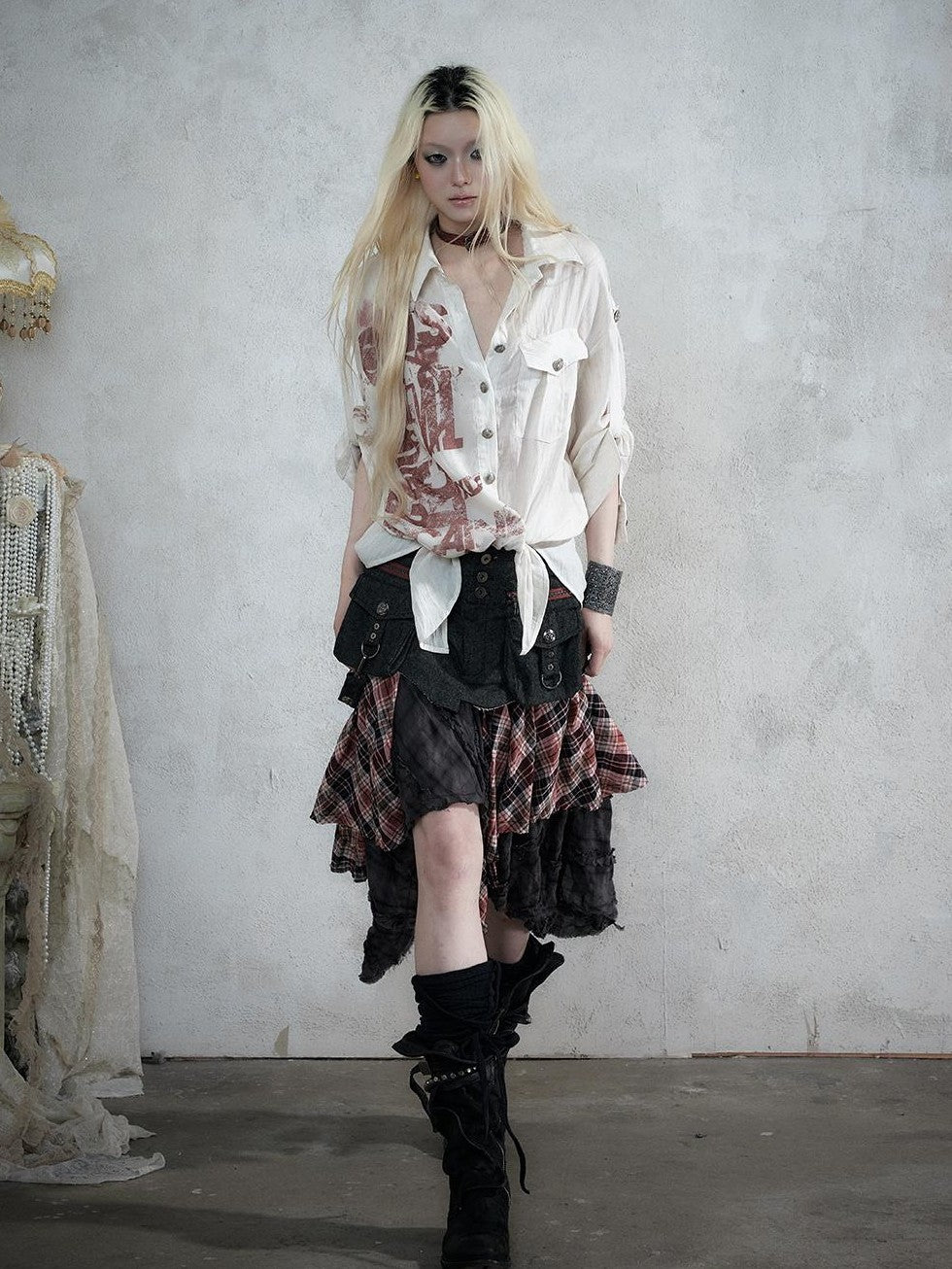 NO ROMANCE Punk Print Patchwork Long Sleeve Lyocell Women&