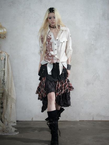 NO ROMANCE Punk Print Patchwork Long Sleeve Lyocell Women&