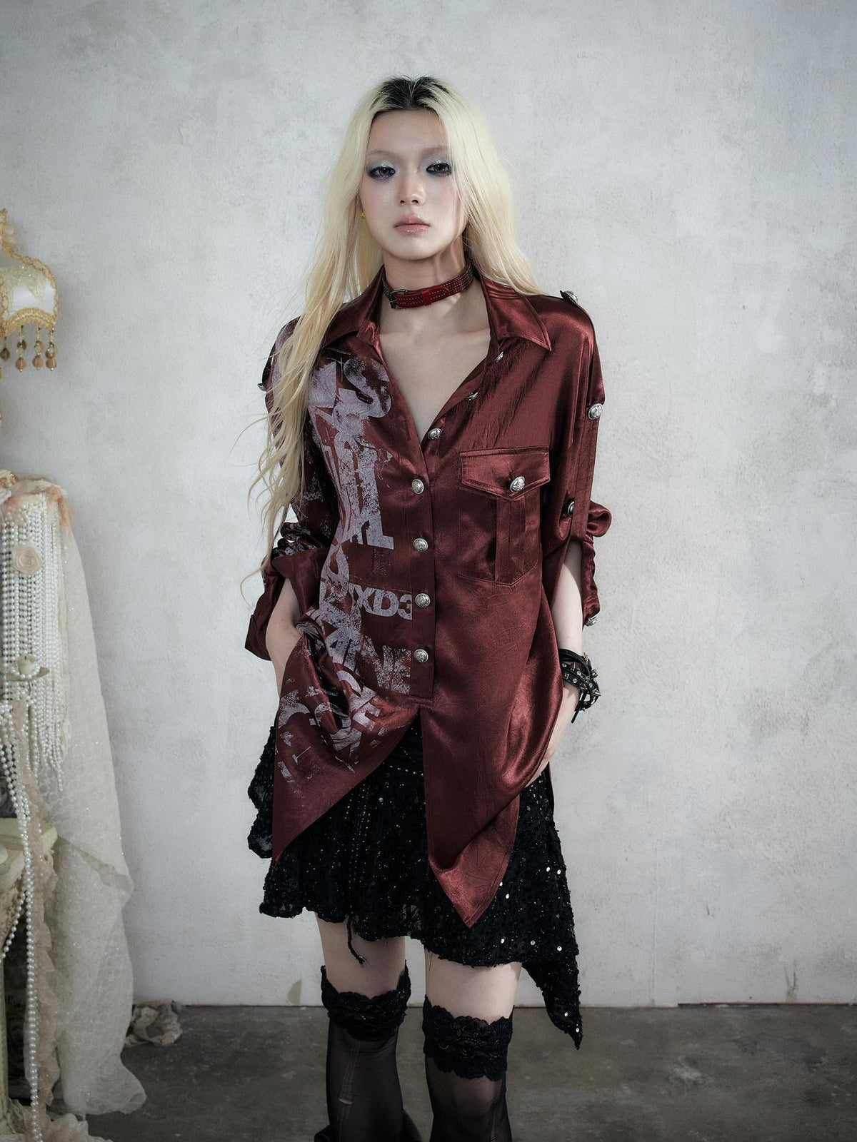 NO ROMANCE Punk Print Patchwork Long Sleeve Lyocell Women&