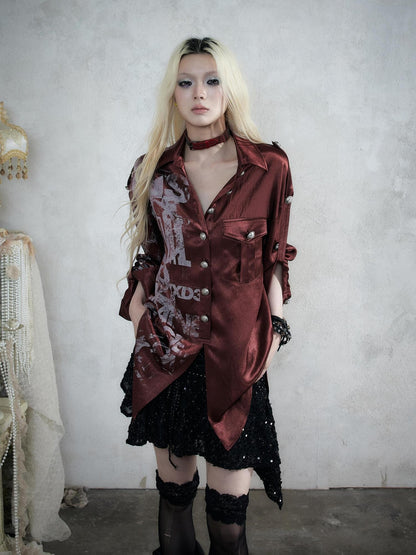 NO ROMANCE Punk Print Patchwork Long Sleeve Lyocell Women&