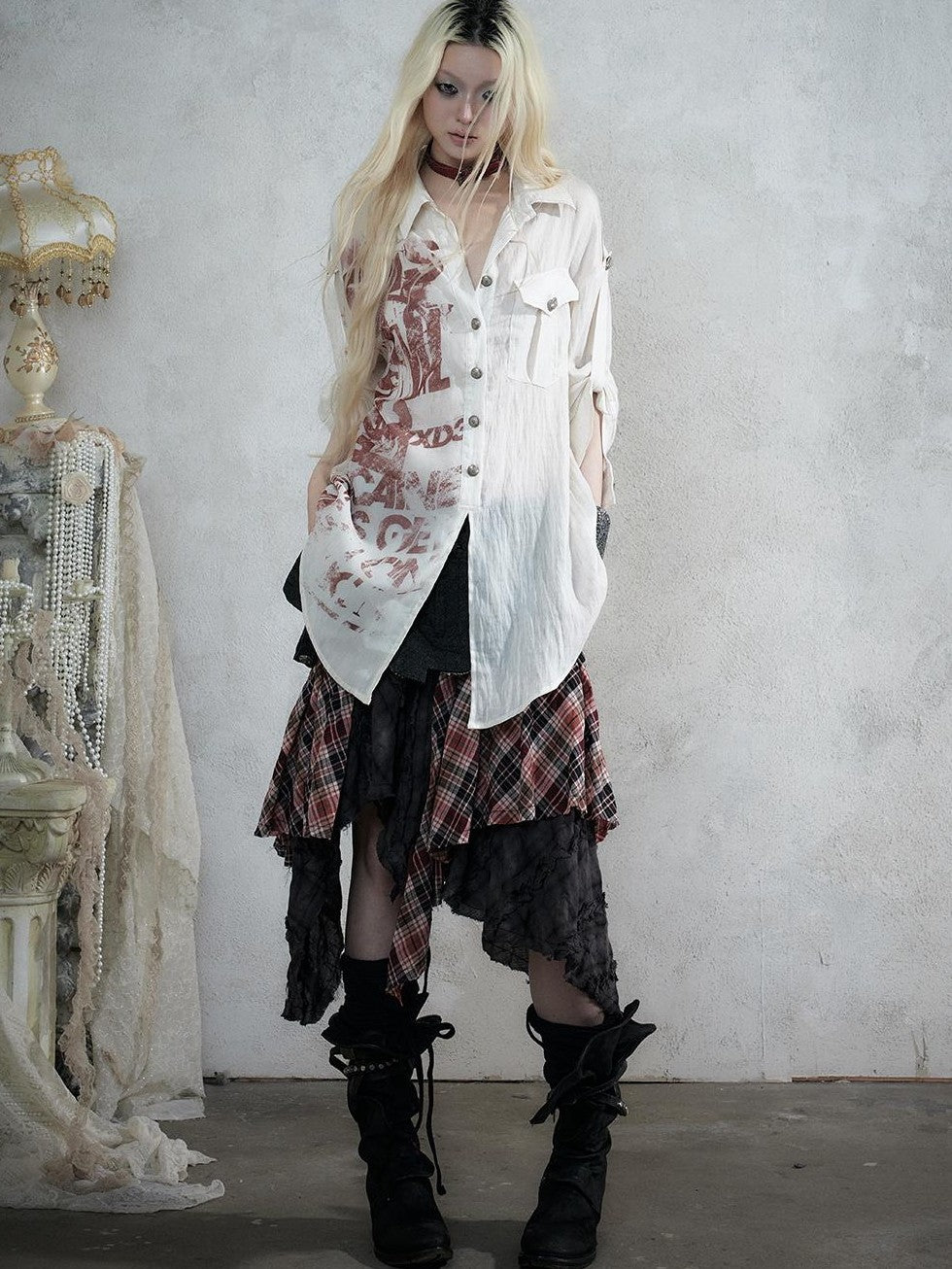NO ROMANCE Punk Print Patchwork Long Sleeve Lyocell Women&