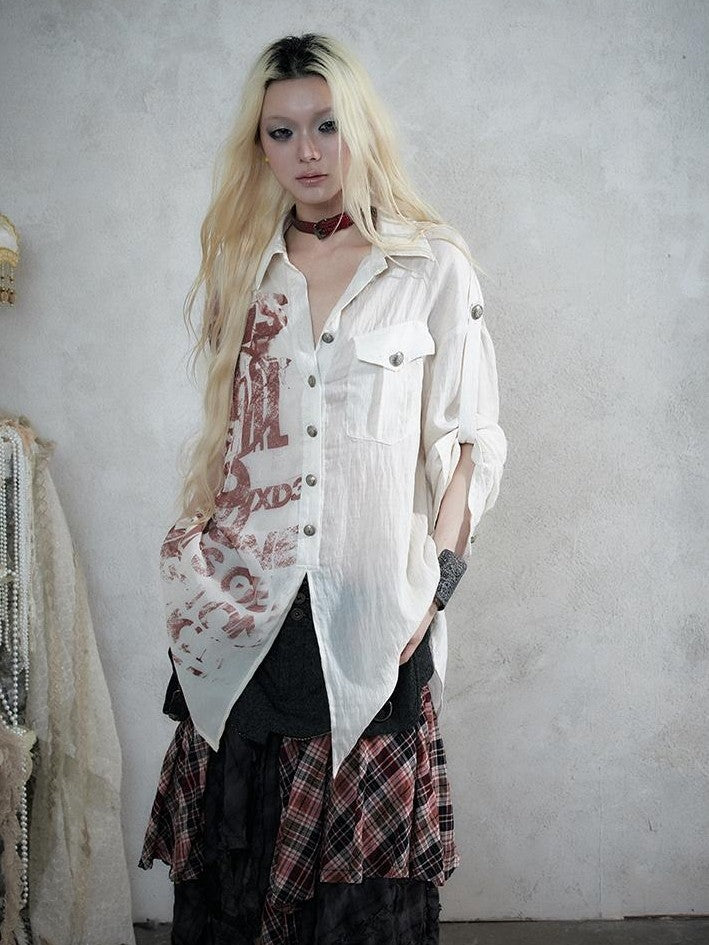 NO ROMANCE Punk Print Patchwork Long Sleeve Lyocell Women&