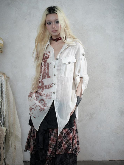 NO ROMANCE Punk Print Patchwork Long Sleeve Lyocell Women&