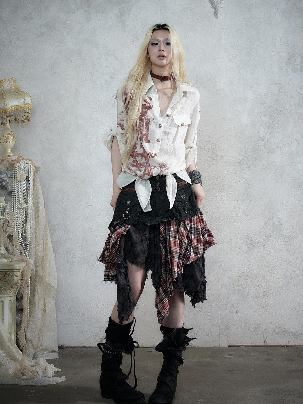 NO ROMANCE Punk Print Patchwork Long Sleeve Lyocell Women&