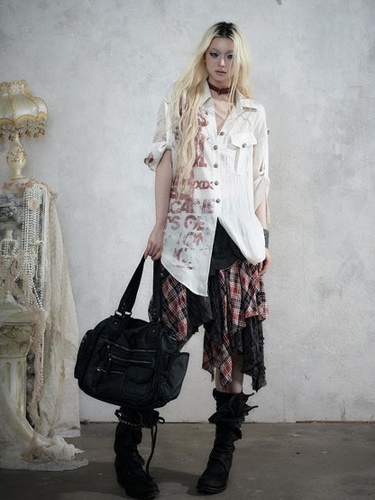 NO ROMANCE Punk Print Patchwork Long Sleeve Lyocell Women&