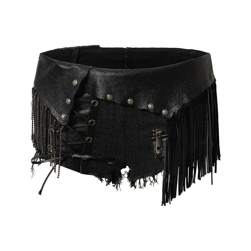 NO_ROMANCE_Punk_Rock_Chain_Tassel_Leather_Patch_Lace_Up_Low_Waist_Women&