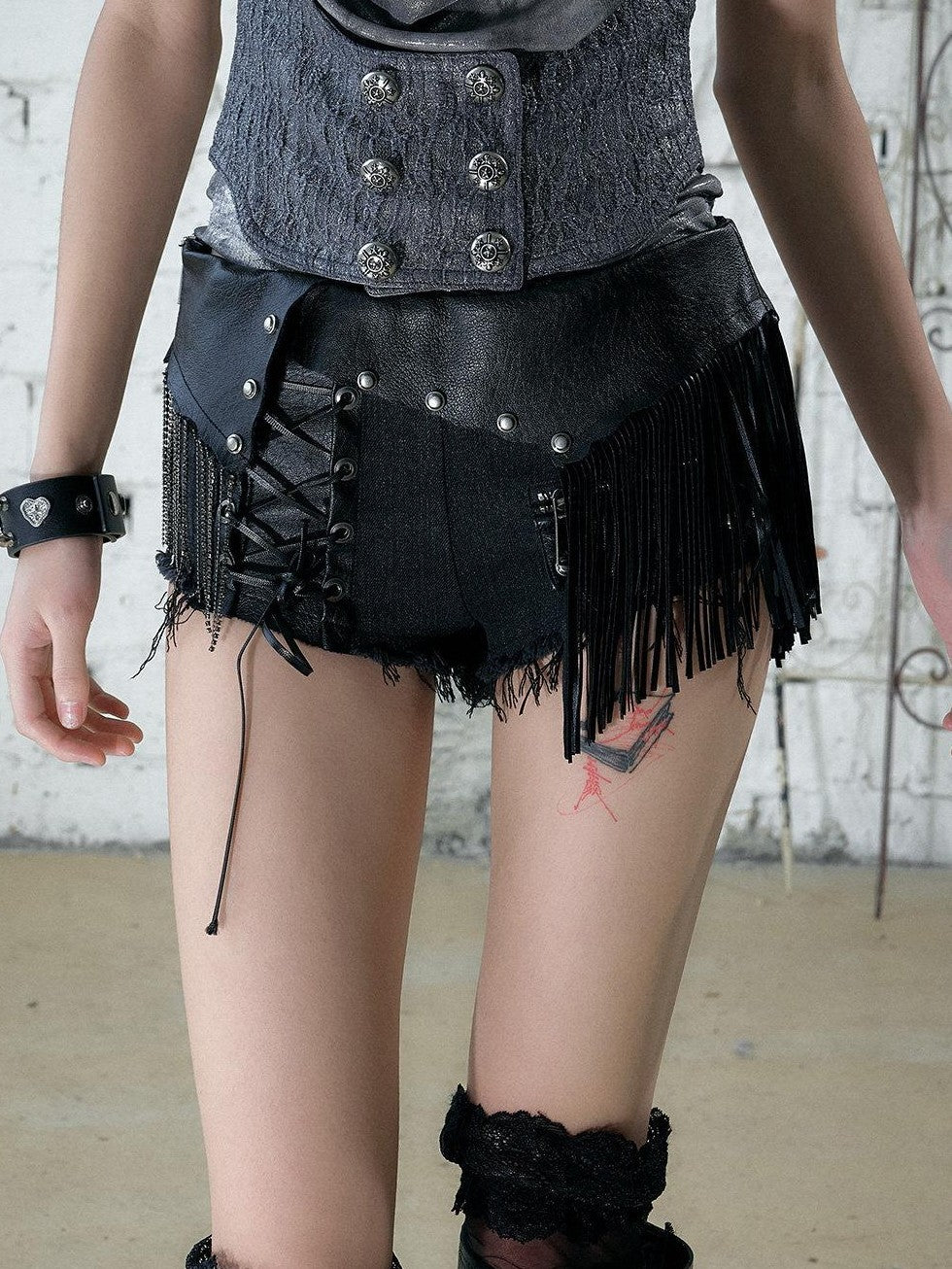 NO ROMANCE Punk Rock Chain Tassel Leather Patch Lace Up Low Waist Women&