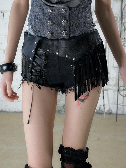 NO ROMANCE Punk Rock Chain Tassel Leather Patch Lace Up Low Waist Women&