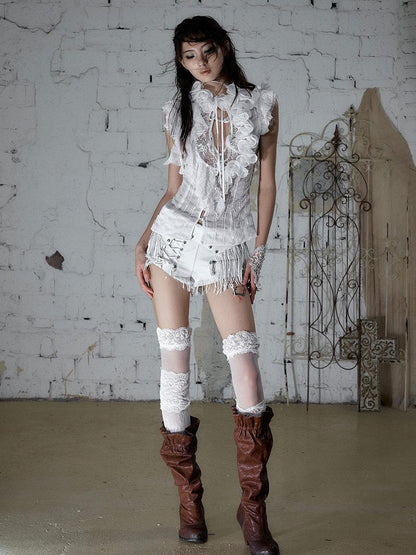 NO ROMANCE Punk Rock Chain Tassel Leather Patch Lace Up Low Waist Women&
