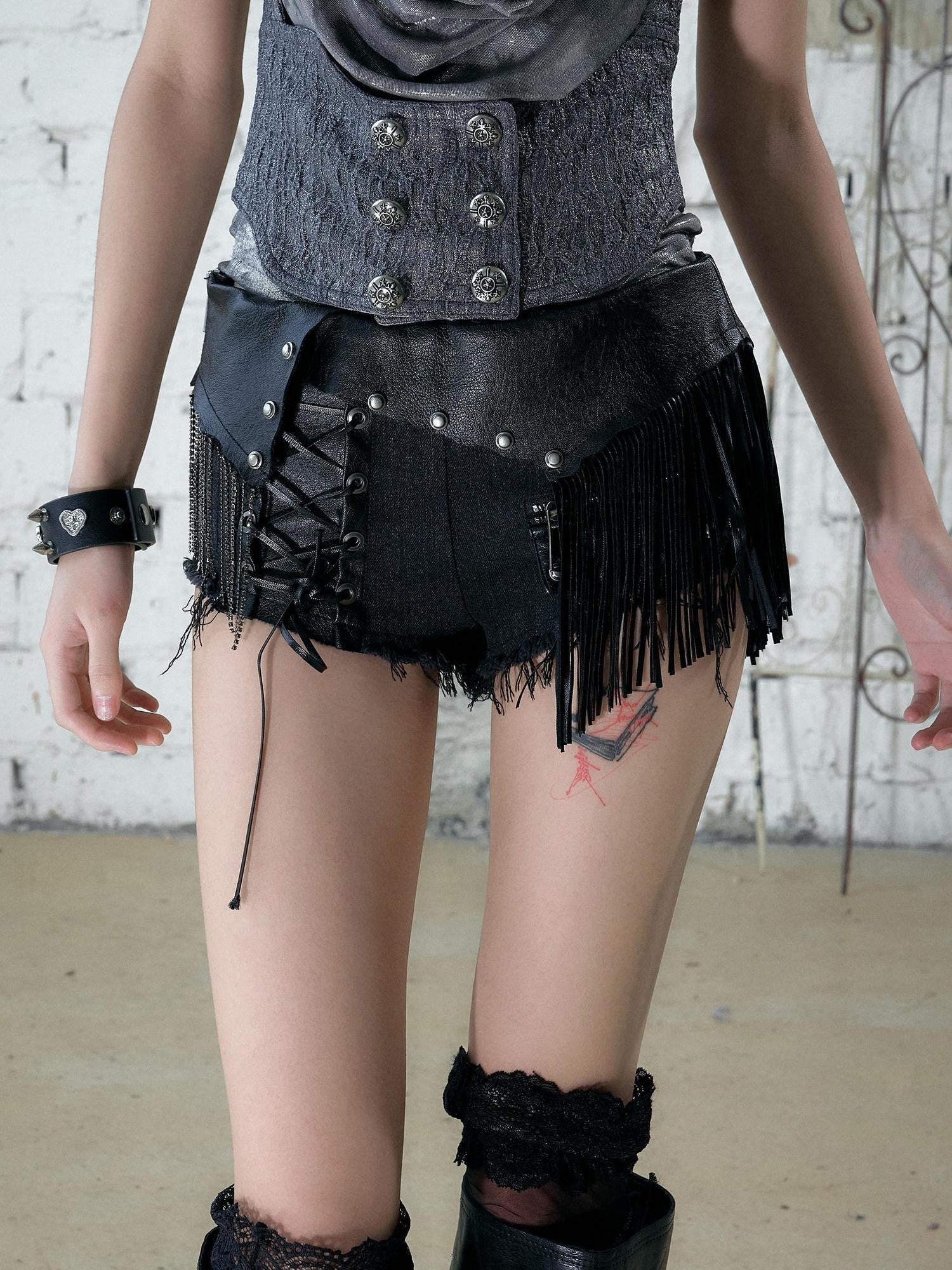 NO ROMANCE Punk Rock Chain Tassel Leather Patch Lace Up Low Waist Women&