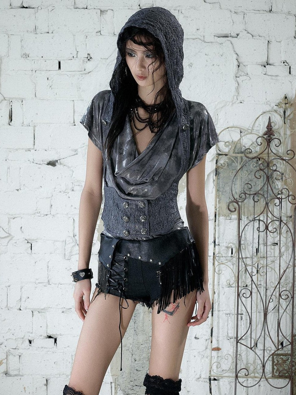 NO ROMANCE Punk Rock Chain Tassel Leather Patch Lace Up Low Waist Women&