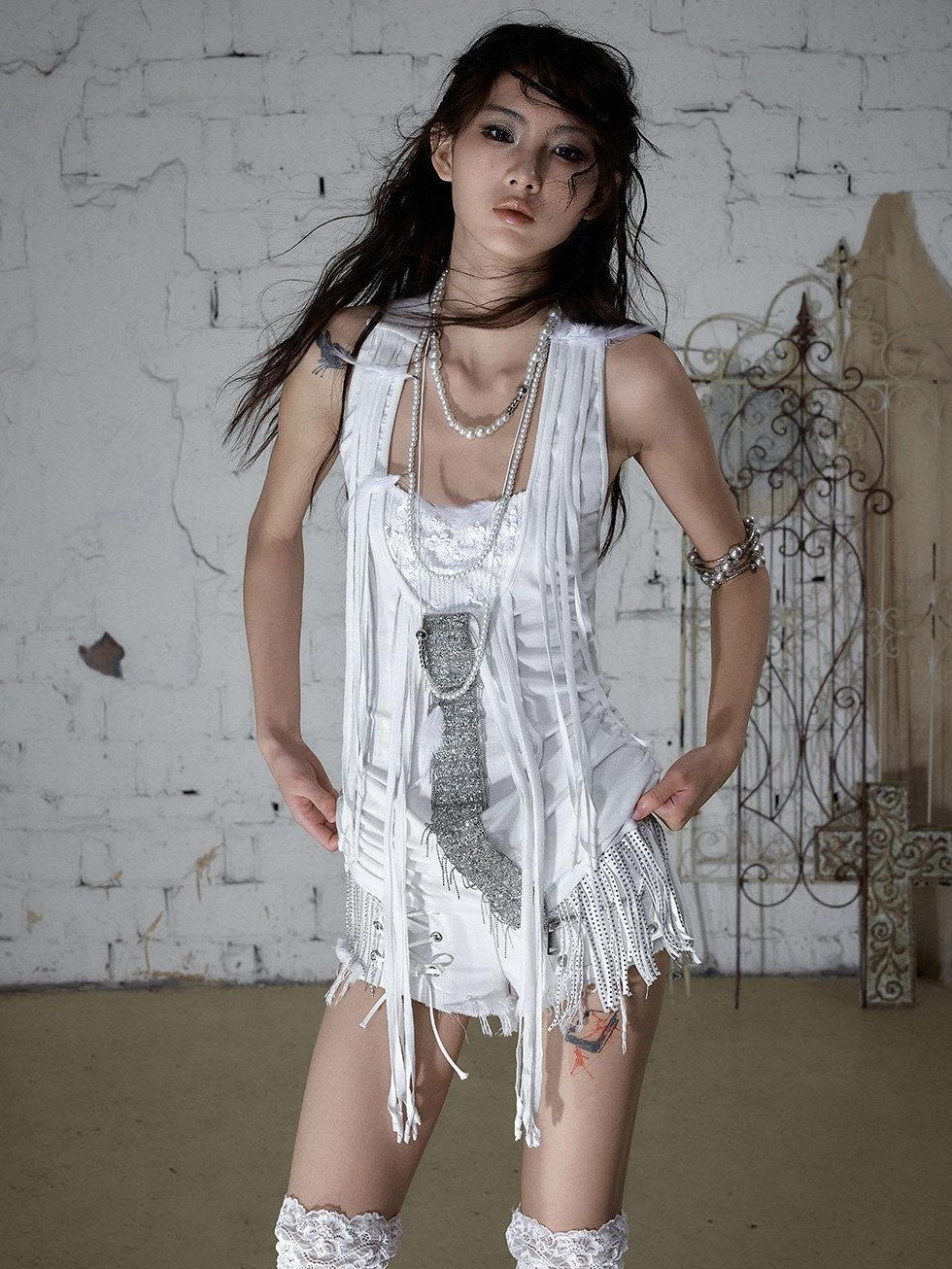 NO ROMANCE Punk Rock Chain Tassel Leather Patch Lace Up Low Waist Women&