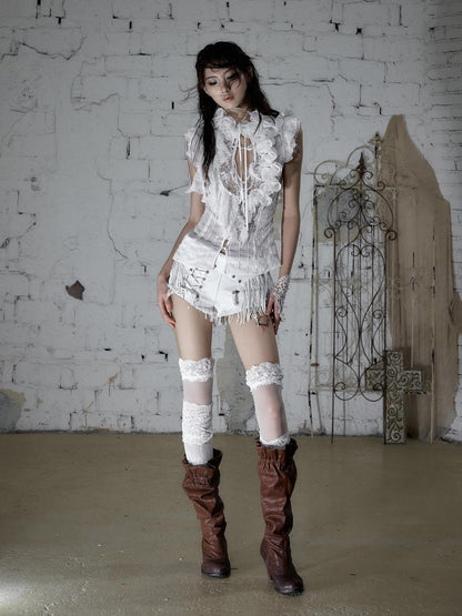 NO ROMANCE Punk Rock Chain Tassel Leather Patch Lace Up Low Waist Women&