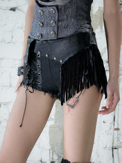 NO ROMANCE Punk Rock Chain Tassel Leather Patch Lace Up Low Waist Women&