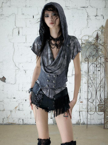 NO ROMANCE Punk Rock Chain Tassel Leather Patch Lace Up Low Waist Women&