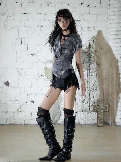 NO ROMANCE Punk Rock Chain Tassel Leather Patch Lace Up Low Waist Women&