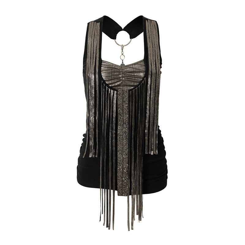 NO_ROMANCE_Punk_Sequins_Tassel_Rhinestone_Chain_Faux_Two_Piece_Women&