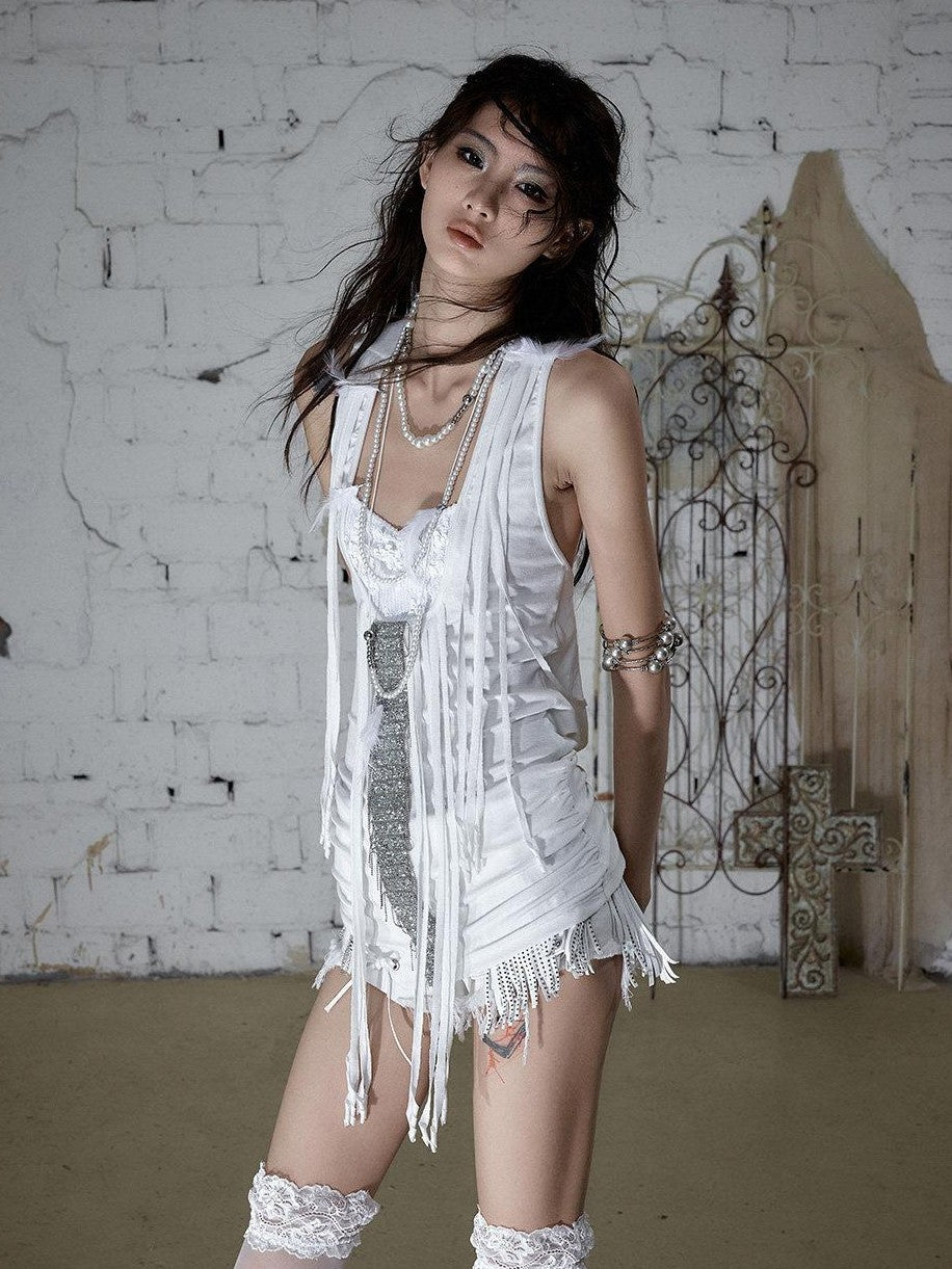 NO ROMANCE Punk Sequins Tassel Rhinestone Chain Faux Two Piece Women&