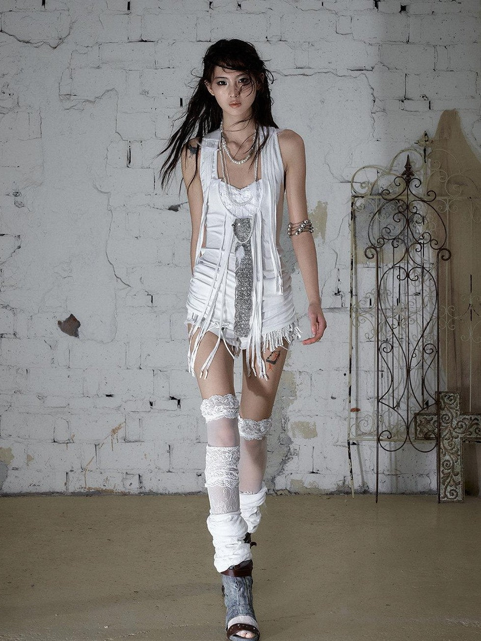 NO ROMANCE Punk Sequins Tassel Rhinestone Chain Faux Two Piece Women&