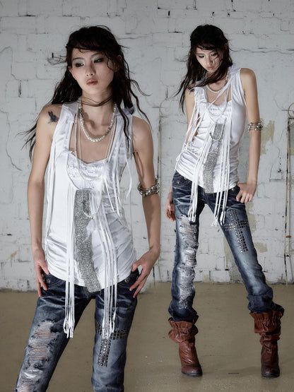 NO ROMANCE Punk Sequins Tassel Rhinestone Chain Faux Two Piece Women&