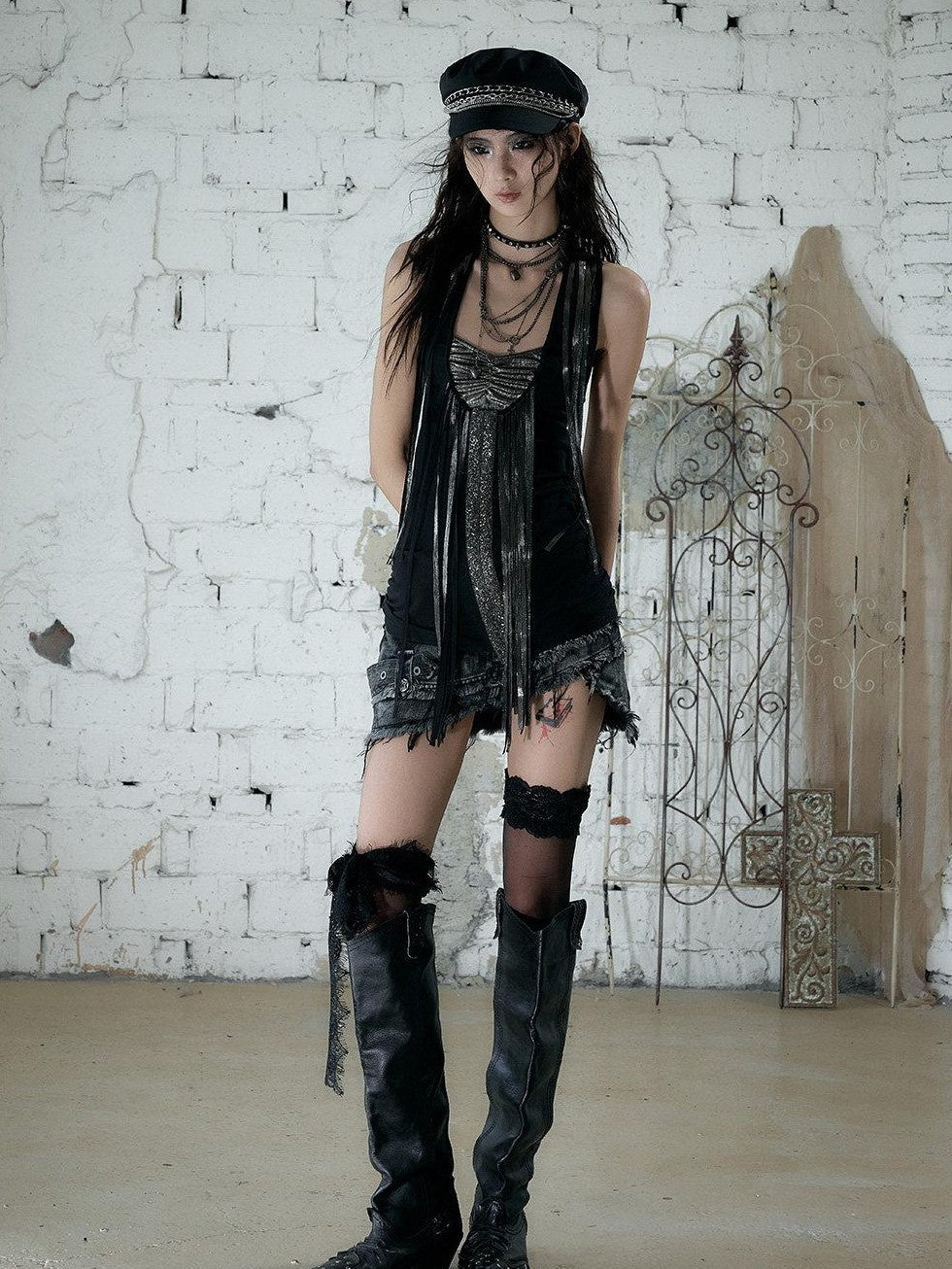 NO ROMANCE Punk Sequins Tassel Rhinestone Chain Faux Two Piece Women&