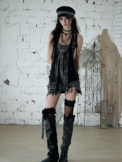 NO ROMANCE Punk Sequins Tassel Rhinestone Chain Faux Two Piece Women&