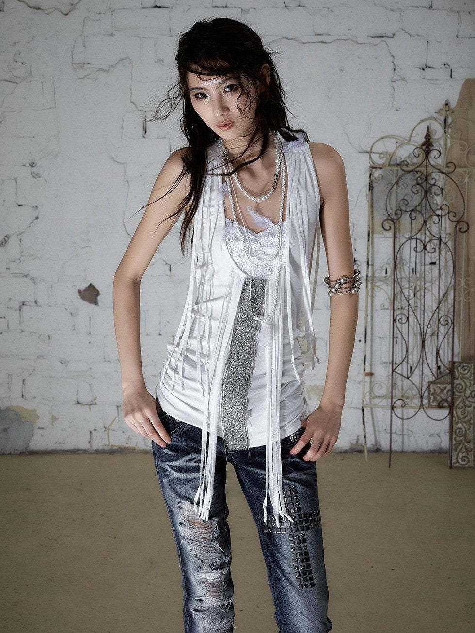 NO ROMANCE Punk Sequins Tassel Rhinestone Chain Faux Two Piece Women&